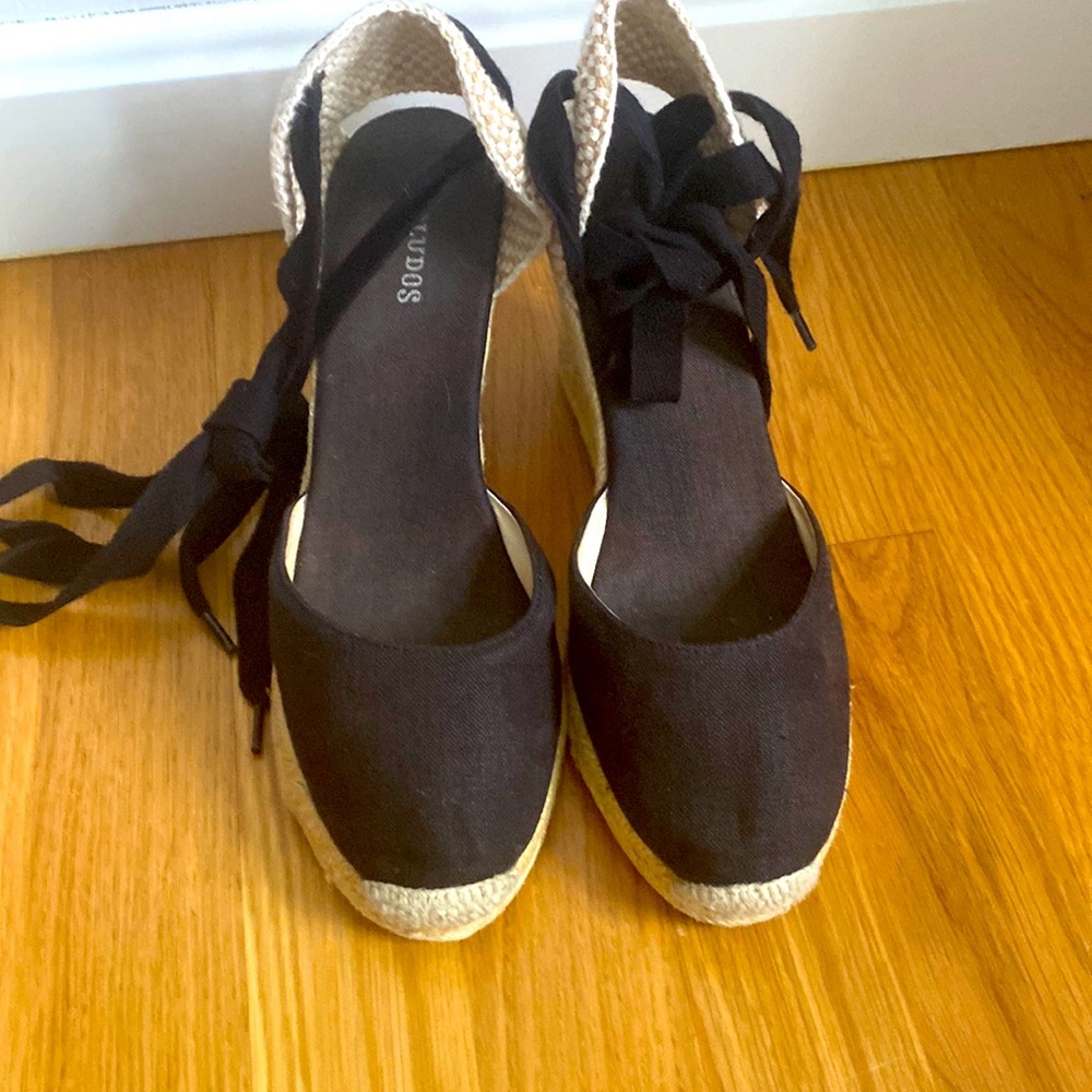 Soludos Lyon Ankle Wrap Wedge Espadrille in Black-7 1/2